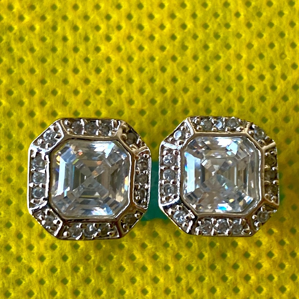Gorgeous sterling silver halo CZ square post earrings